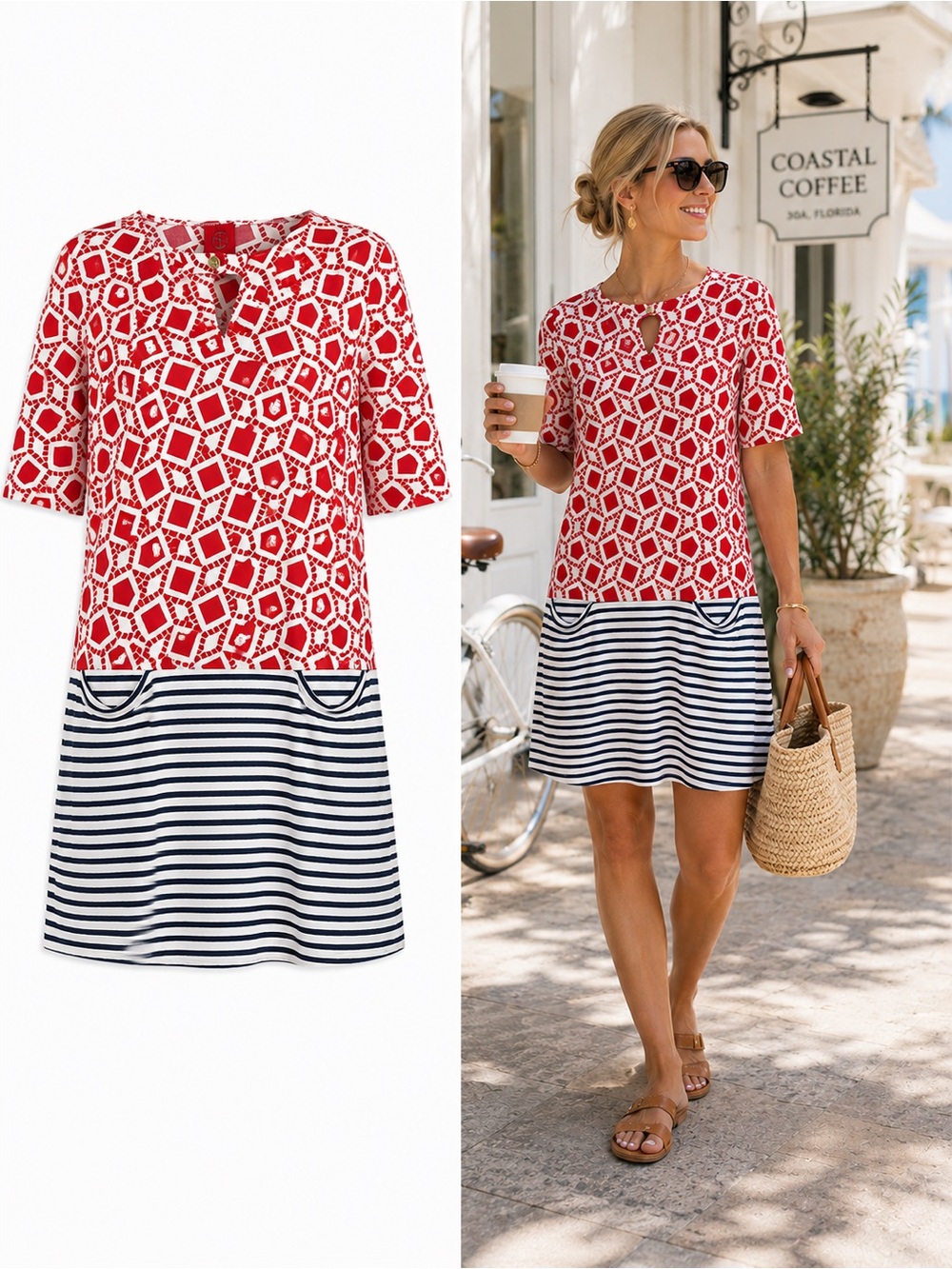 Tracy Negoshian Red Geometric Stripe Shift Dress Large | Coastal Resort Stretch